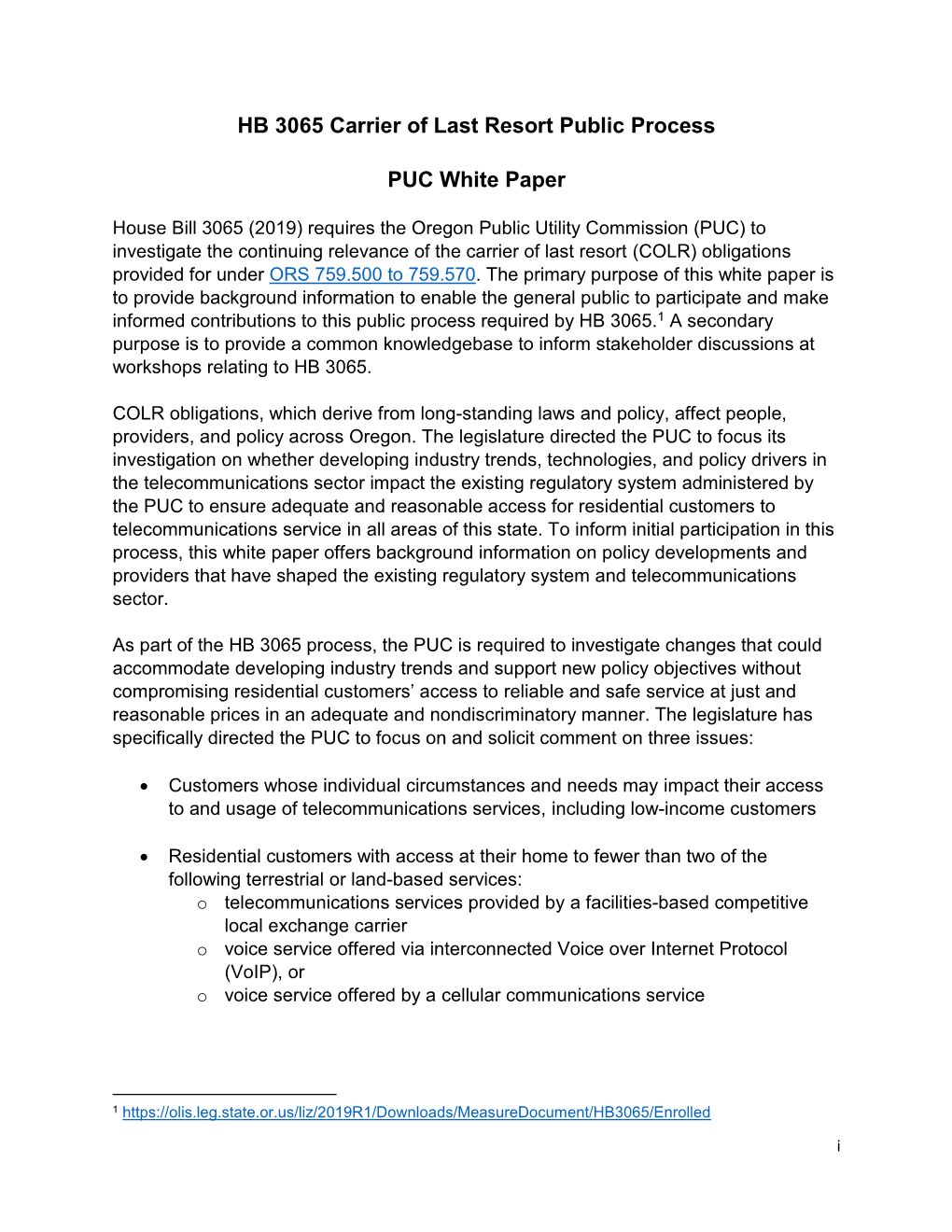 HB 3065 Carrier of Last Resort Public Process PUC White Paper