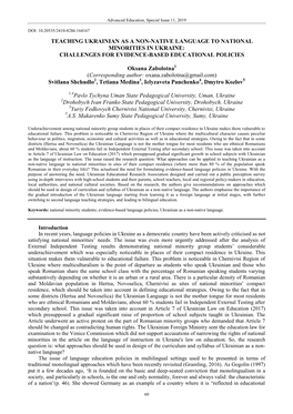 Teaching Ukrainian As a Non-Native Language to National Minorities in Ukraine: Challenges for Evidence-Based Educational Policies