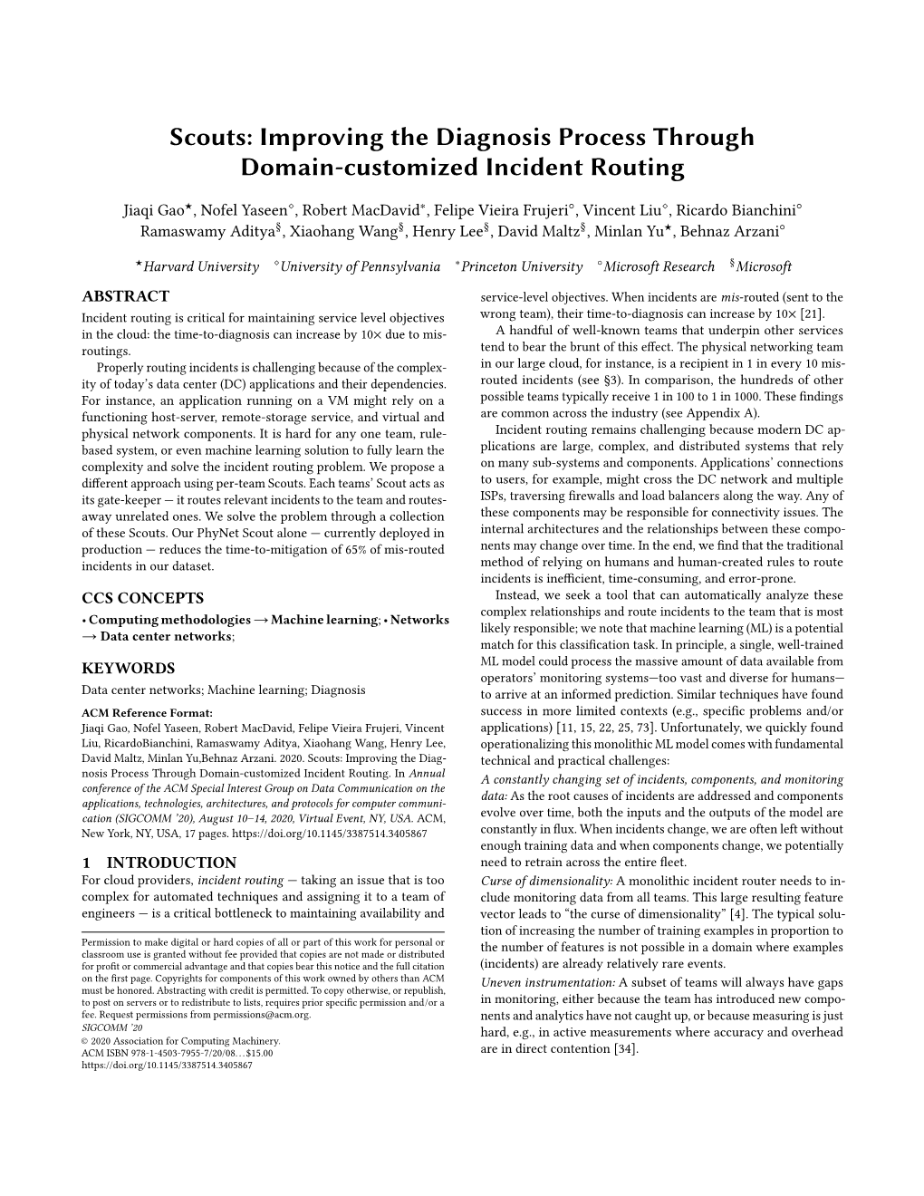 Scouts: Improving the Diagnosis Process Through Domain-Customized Incident Routing