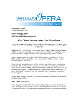Cast Change Announcement – San Diego Opera