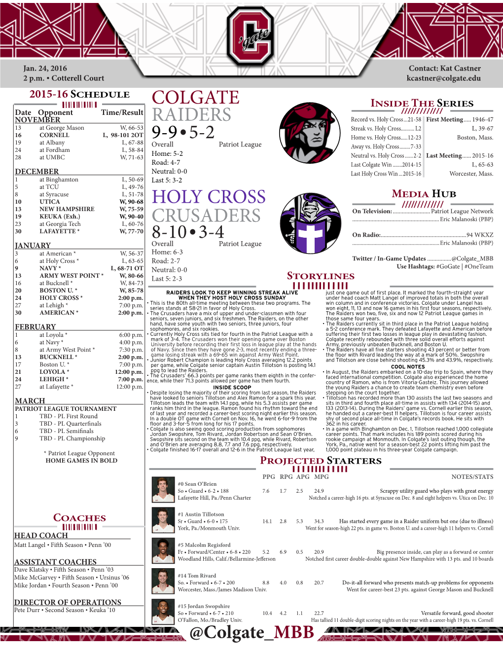 Colgate Holy Cross Raiders Crusaders 9-9•5-2 8-10•3-4