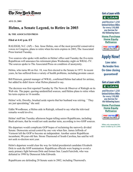 Helms, a Senate Legend, to Retire in 2003