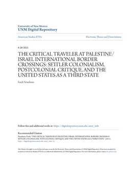 The Critical Traveler at Palestine/Israel International Border Crossings: Settler Olc Onialism, Postcolonial Critique, and the United States As a Third State." (2015)