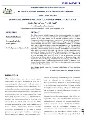 BEHAVIORAL and POST BEHAVIORAL APPROACH to POLITICAL SCIENCE Sunita Agarwal1 and Prof