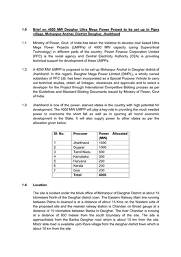 1.0 Brief on 4000 MW Deoghar Ultra Mega Power Project to Be Set up in Pipra Village, Mohanpur Anchal, District Deoghar, Jharkhand