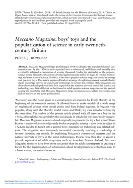 Meccano Magazine: Boys' Toys and the Popularization of Science In