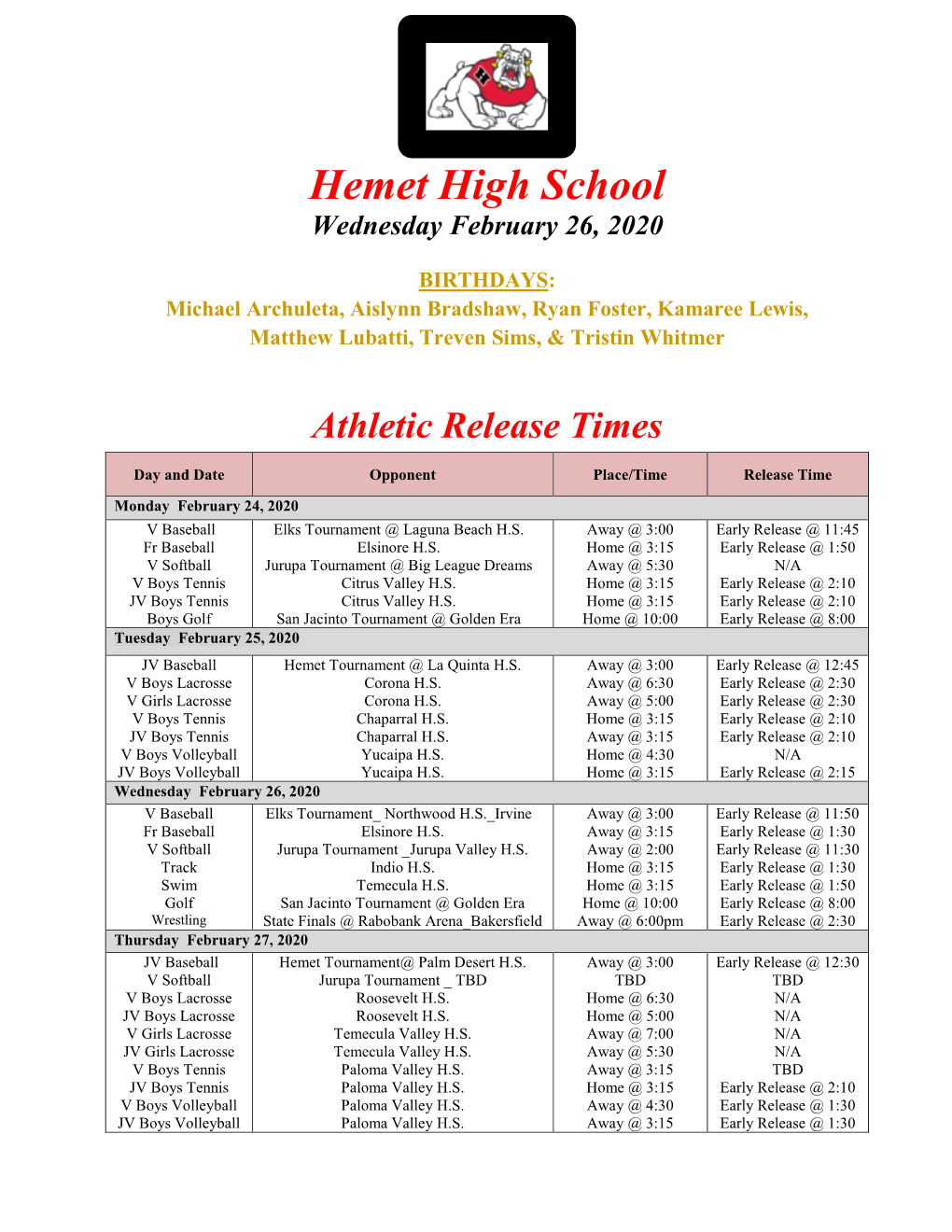 Hemet High School Wednesday February 26, 2020