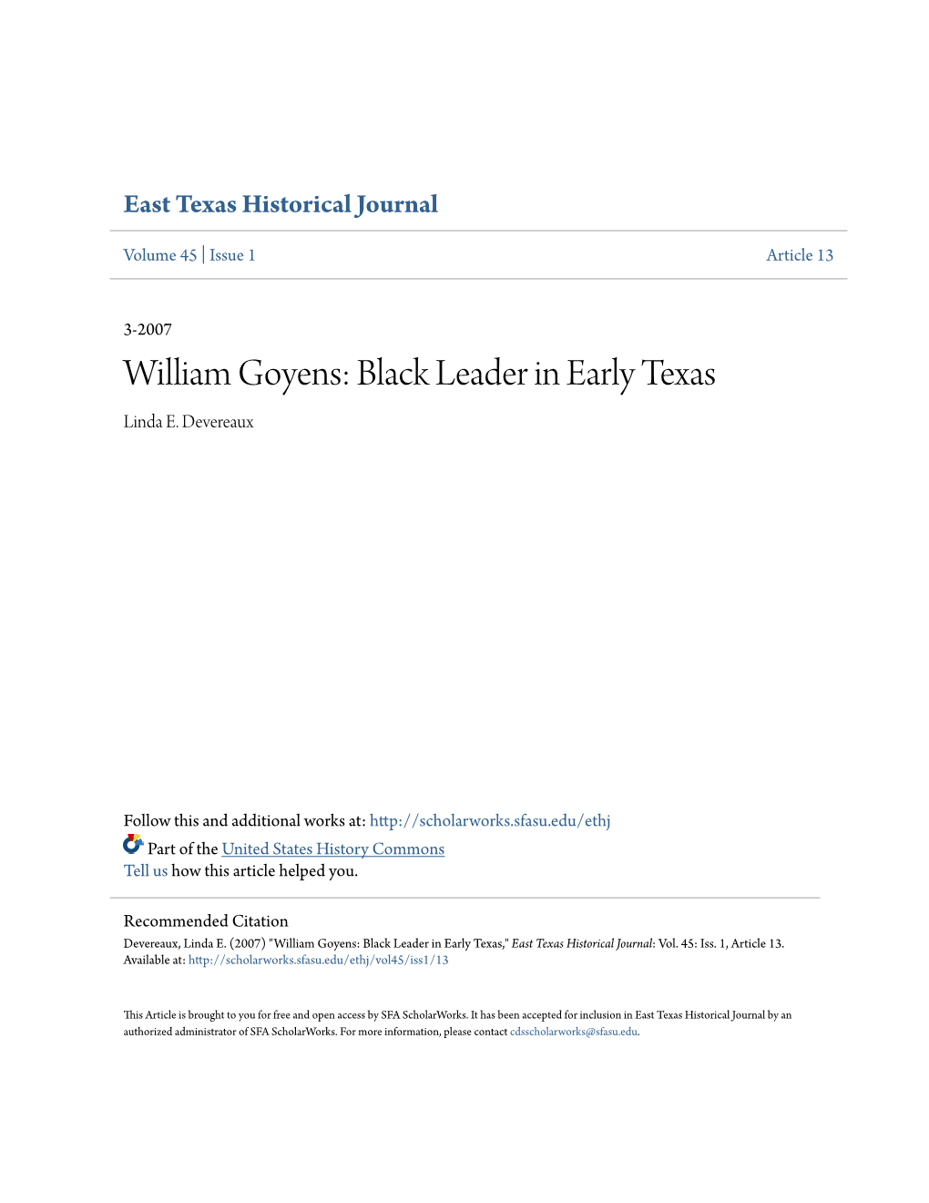 William Goyens: Black Leader in Early Texas Linda E
