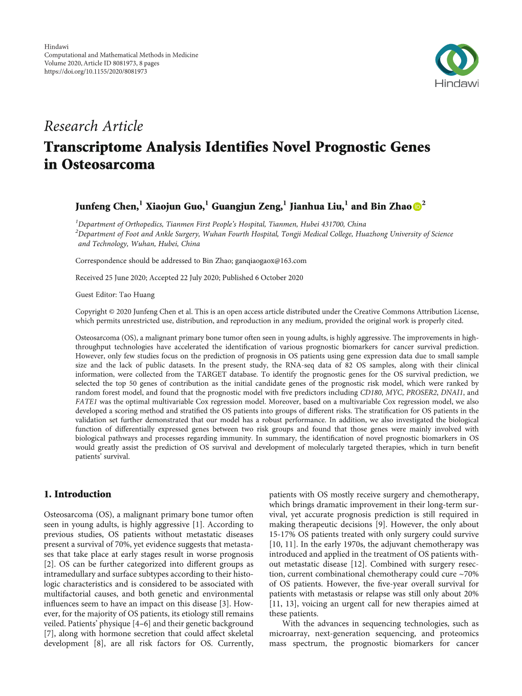 Transcriptome Analysis Identifies Novel Prognostic Genes in Osteosarcoma