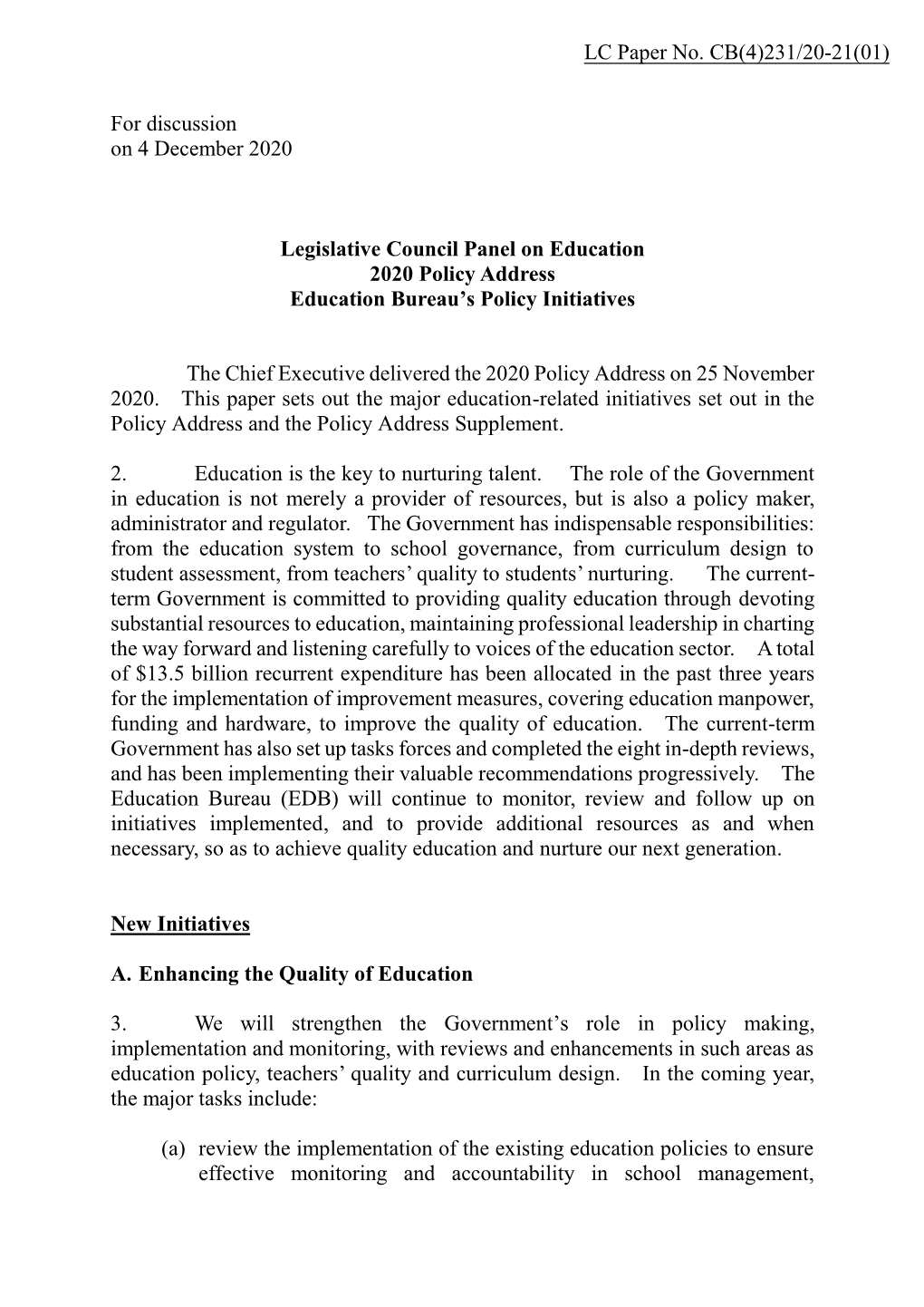 Policy Initiatives of Education Bureau