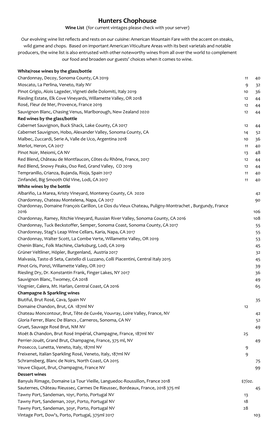 Hunters Chophouse Wine List (For Current Vintages Please Check with Your Server)