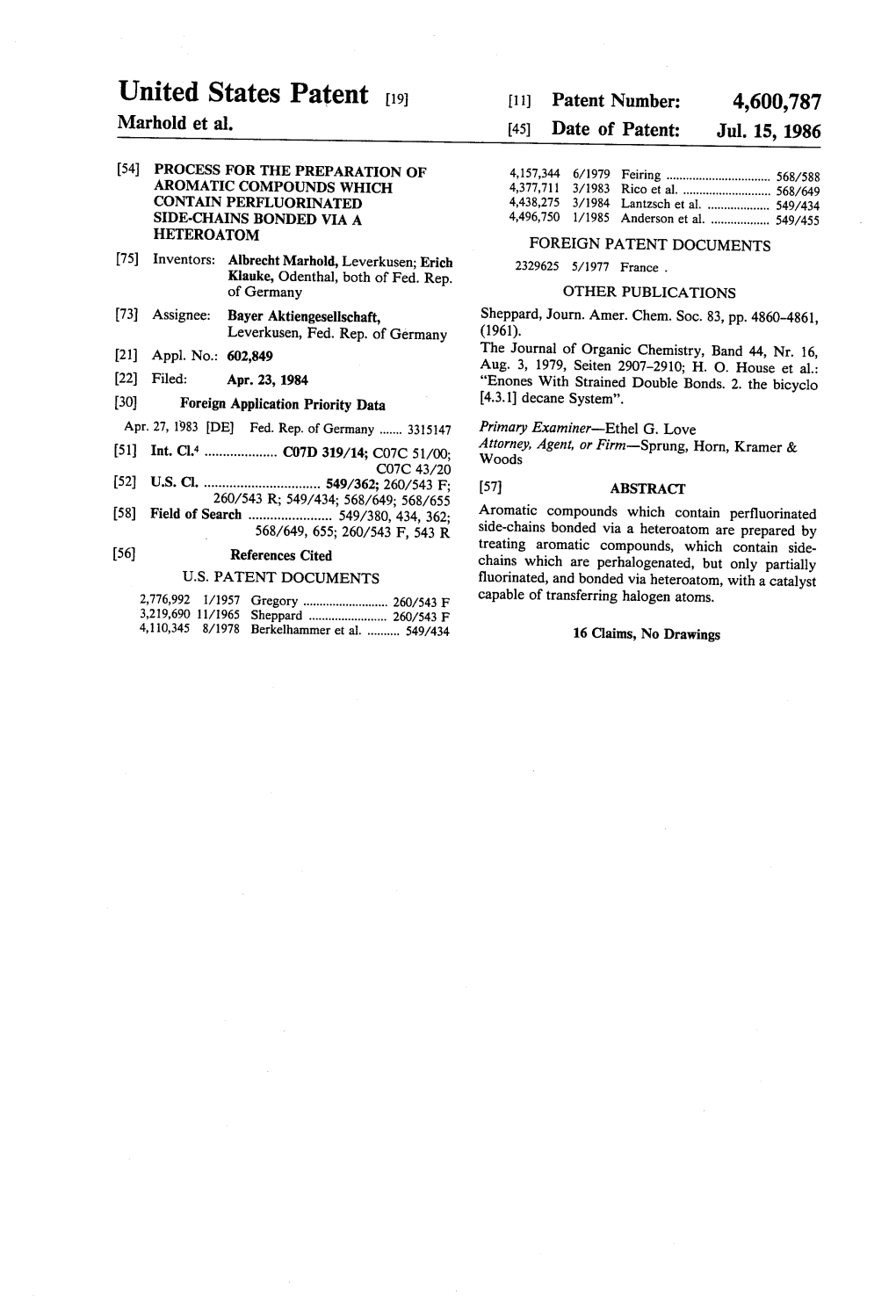 United States Patent 19 11) Patent Number: 4,600,787 Marhold Et Al