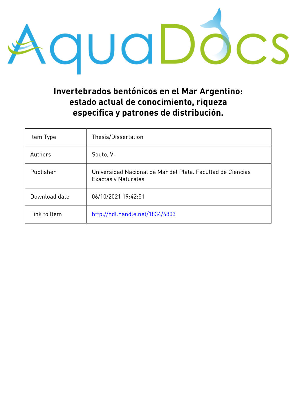 Invertebrados Bentónicos En El Marargentino: Estado Facultad