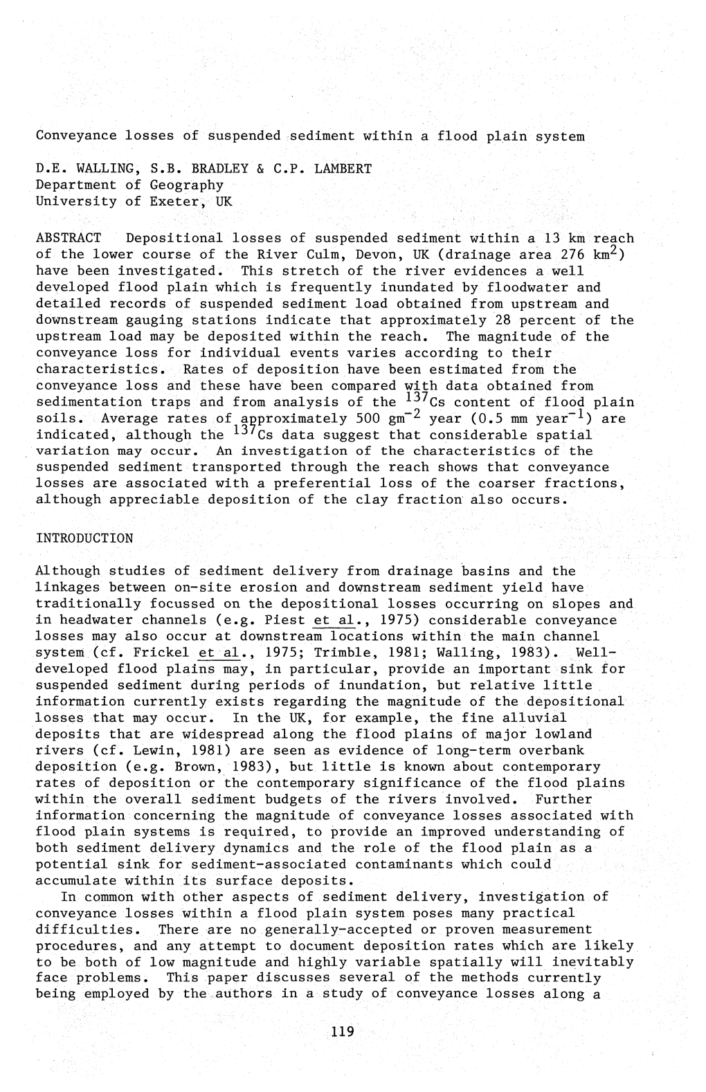 Conveyance Losses of Suspended Sediment Within a Flood Plain System