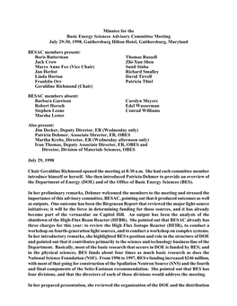 Minutes for the Basic Energy Sciences Advisory Committee Meeting July 29-30, 1998, Gaithersburg Hilton Hotel, Gaithersburg, Maryland