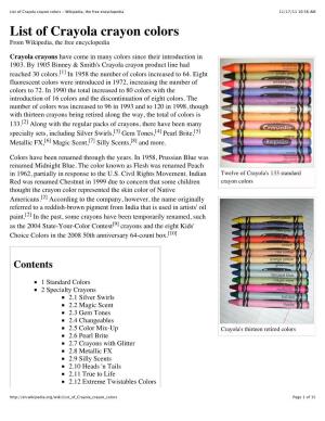List of Crayola Crayon Colors - Wikipedia, the Free Encyclopedia 11/17/11 10:56 AM List of Crayola Crayon Colors from Wikipedia, the Free Encyclopedia