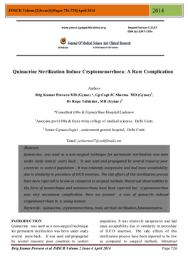 Quinacrine Sterilization Induce Cryptomenorrhoea: a Rare Complication