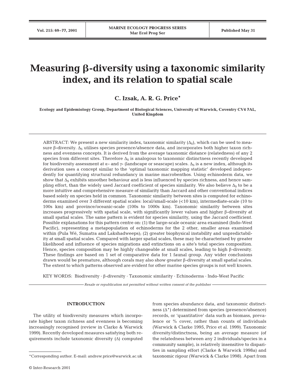 Measuring B-Diversity Using a Taxonomic Similarity Index, and Its