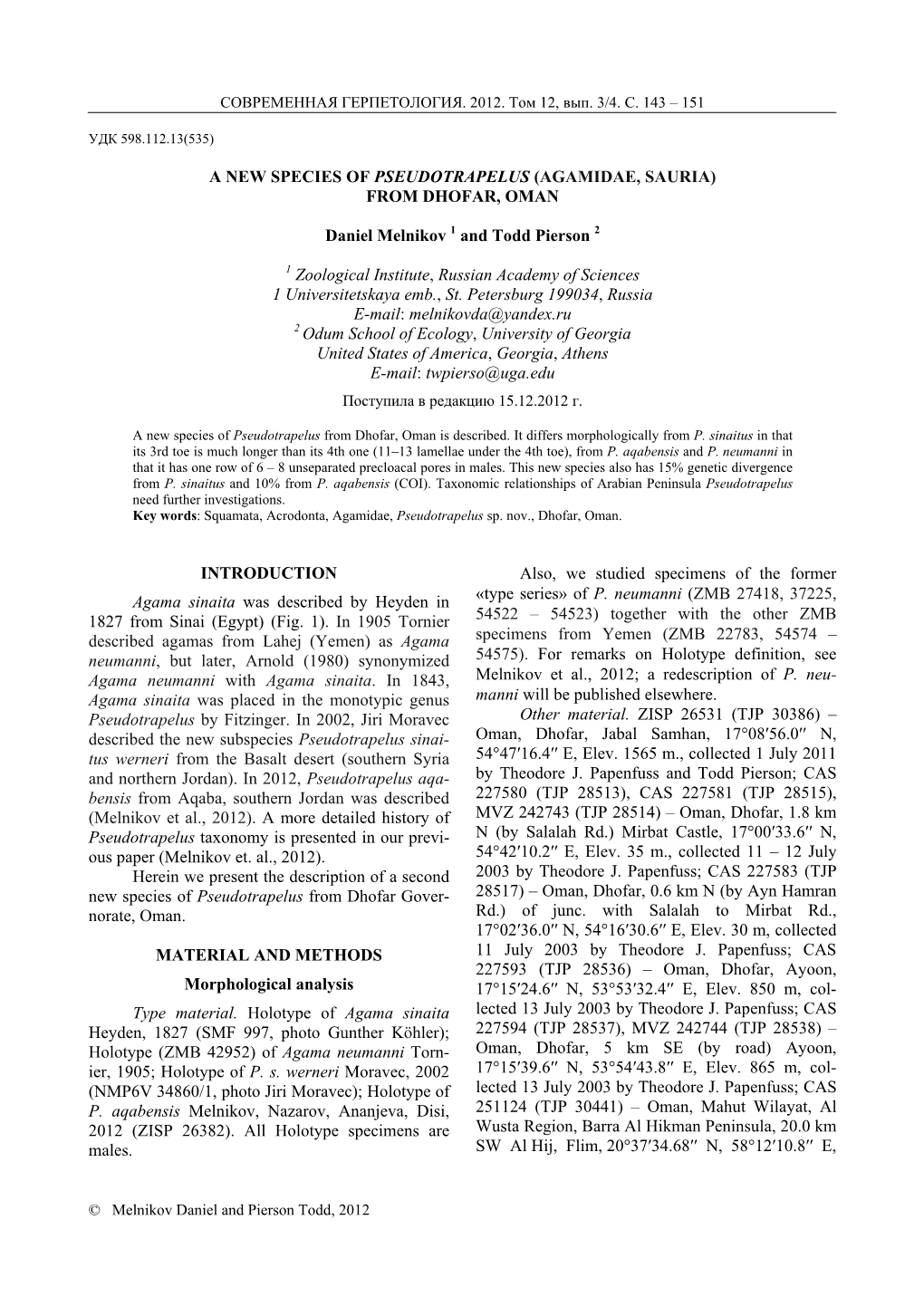 A New Species of Pseudotrapelus (Agamidae, Sauria) from Dhofar, Oman