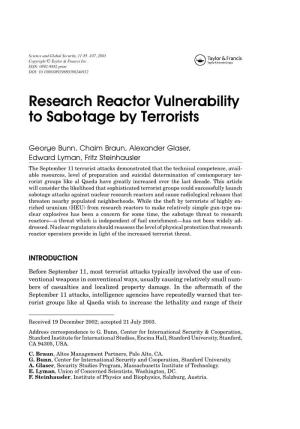 Research Reactor Vulnerability to Sabotage by Terrorists