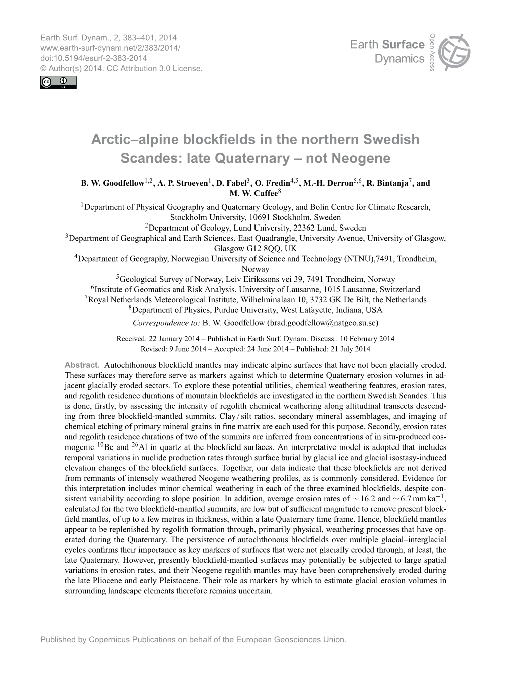 Arctic–Alpine Blockfields in the Northern Swedish Scandes: Late