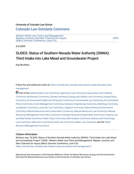 SLIDES: Status of Southern Nevada Water Authority (SNWA): Third Intake Into Lake Mead and Groundwater Project
