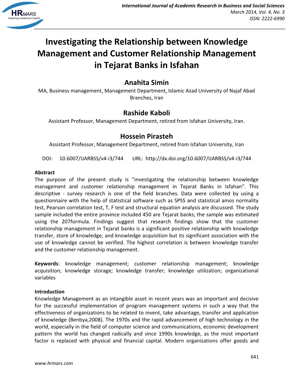 Investigating the Relationship Between Knowledge Management and Customer Relationship Management in Tejarat Banks in Isfahan