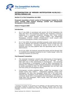 Determination of Merger Notification M/09/013 – Metro/Herald Am