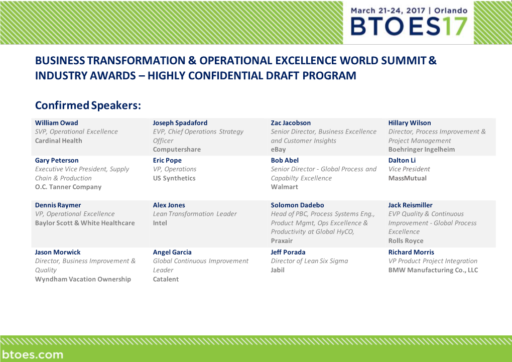 BUSINESS TRANSFORMATION & OPERATIONAL EXCELLENCE WORLD SUMMIT & INDUSTRY AWARDS – HIGHLY CONFIDENTIAL DRAFT PROGRAM Co