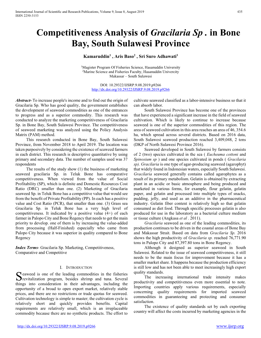 Competitiveness Analysis of Gracilaria Sp . in Bone Bay, South Sulawesi Province