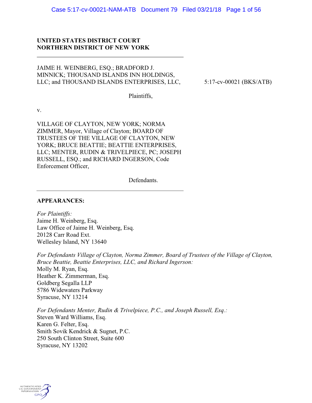 BRADFORD J. MINNICK; THOUSAND ISLANDS INN HOLDINGS, LLC; and THOUSAND ISLANDS ENTERPRISES, LLC, 5:17-Cv-00021 (BKS/ATB)