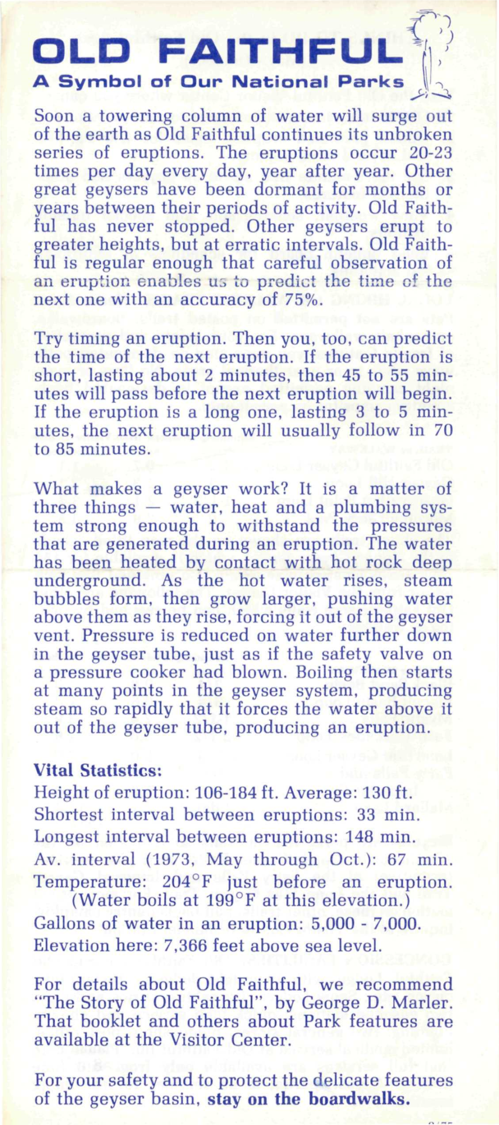 OLD FAITHFUL a Symbol of Our National Parks Soon a Towering Column of Water Will Surge out of the Earth As Old Faithful Continues Its Unbroken Series of Eruptions