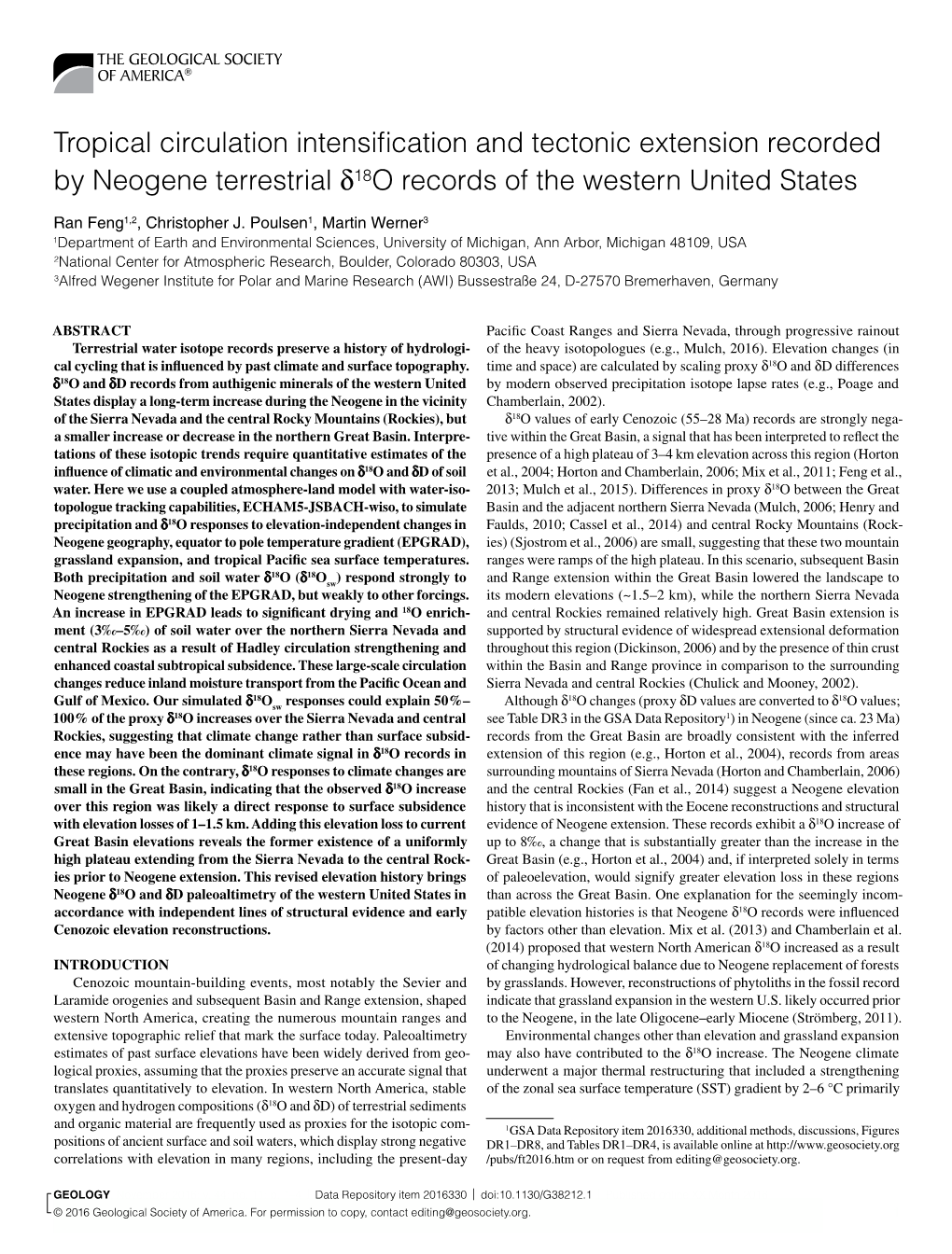 Tropical Circulation Intensification and Tectonic Extension Recorded by Neogene Terrestrial D18o Records of the Western United States