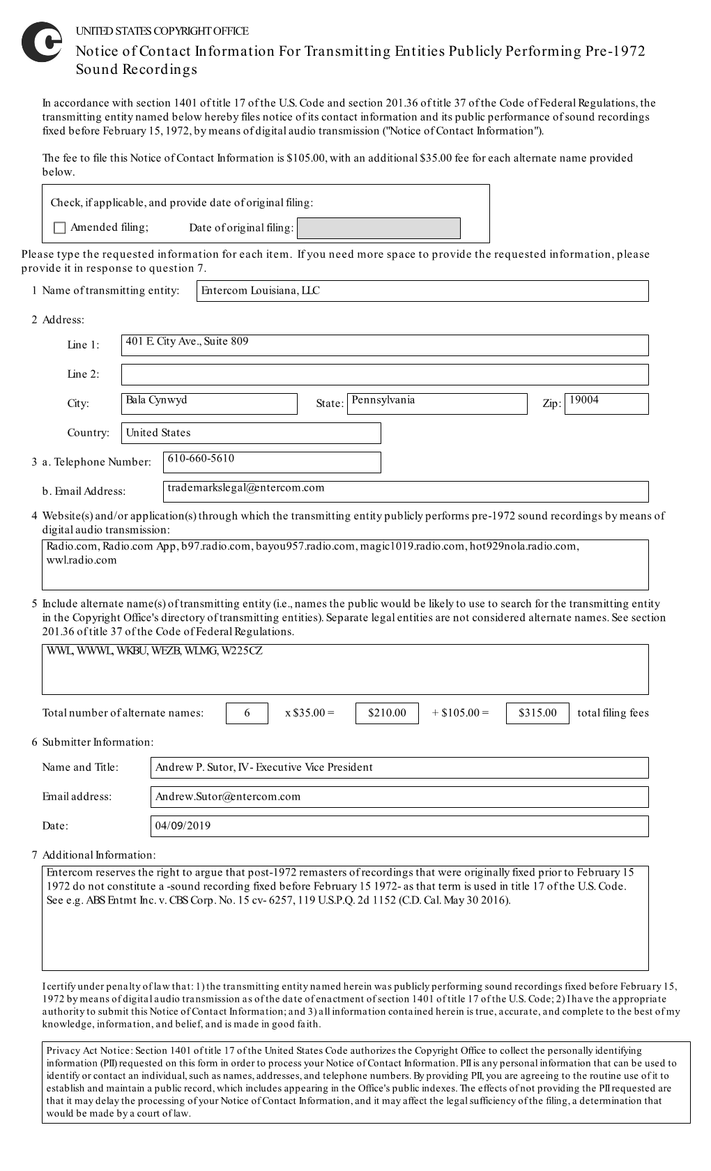 Notice of Contact Information for Transmitting Entities Publicly Performing Pre-1972 Sound Recordings