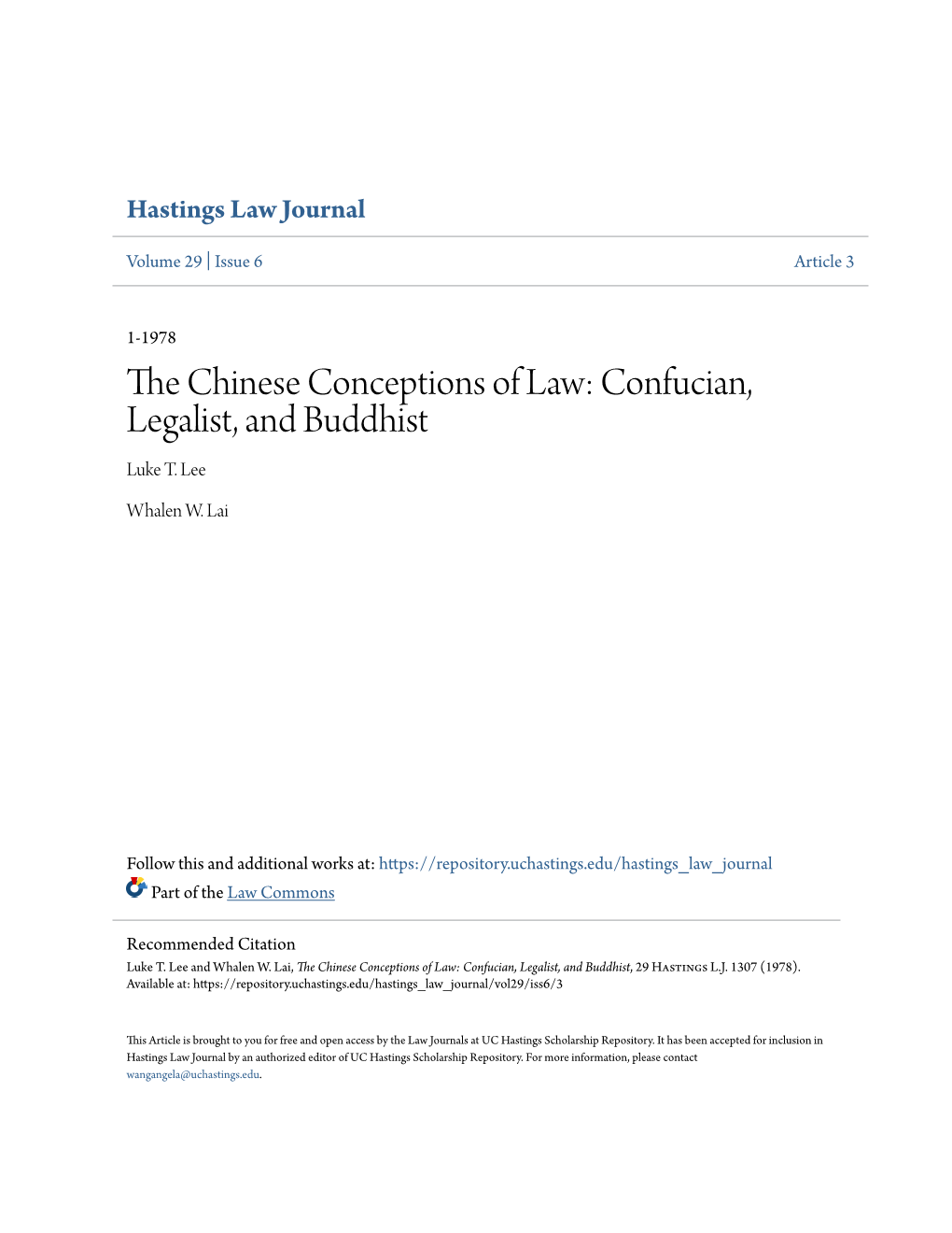 The Chinese Conceptions of Law: Confucian, Legalist, and Buddhist, 29 Hastings L.J