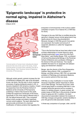 'Epigenetic Landscape' Is Protective in Normal Aging, Impaired in Alzheimer's Disease 5 March 2018