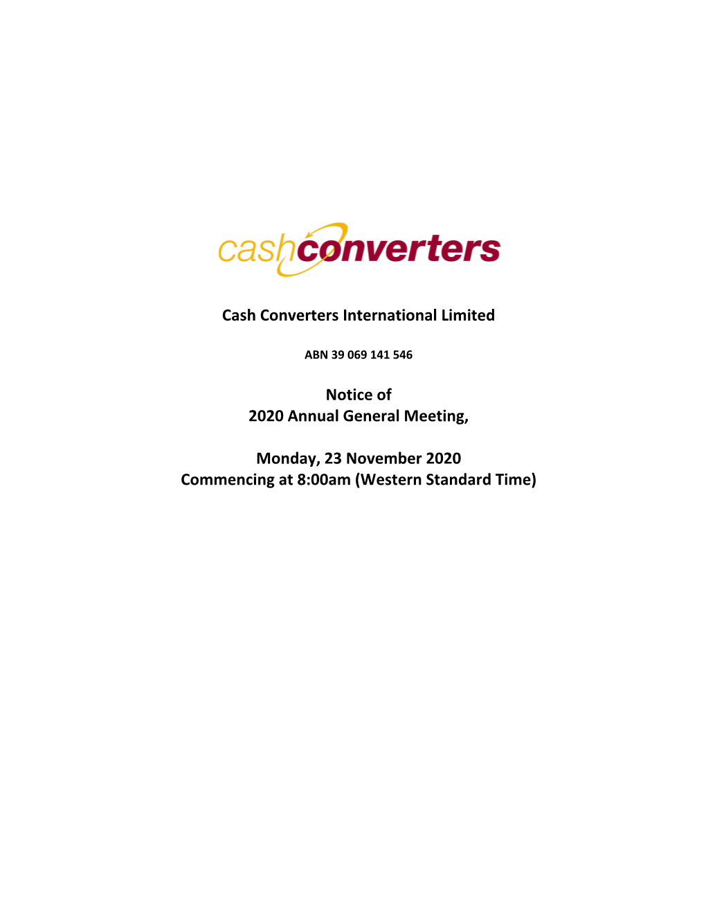 Cash Converters International Limited Notice of 2020 Annual