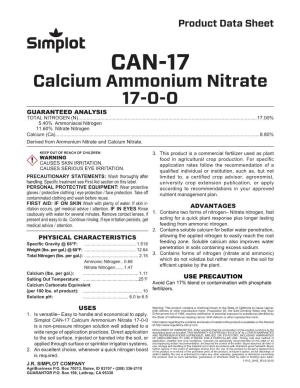 CAN-17 Calcium Ammonium Nitrate 17-0-0 GUARANTEED ANALYSIS TOTAL NITROGEN (N)