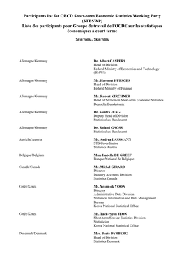 Participants List for OECD Short-Term Economic Statistics Working Party