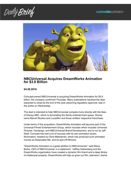 Nbcuniversal Acquires Dreamworks Animation for $3.8 Billion