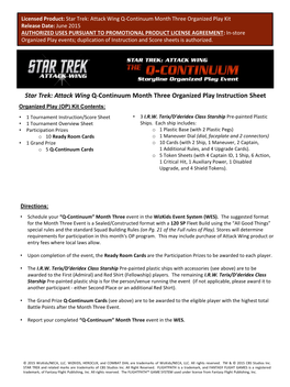 Operation Return Star Trek: Attack Wing Q-Continuum Month Three Organized Play Instruction Sheet Organized Play (OP) Kit Contents