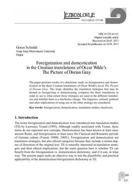 Foreignization and Domestication in the Croatian Translations of Oscar Wilde’S the Picture of Dorian Gray