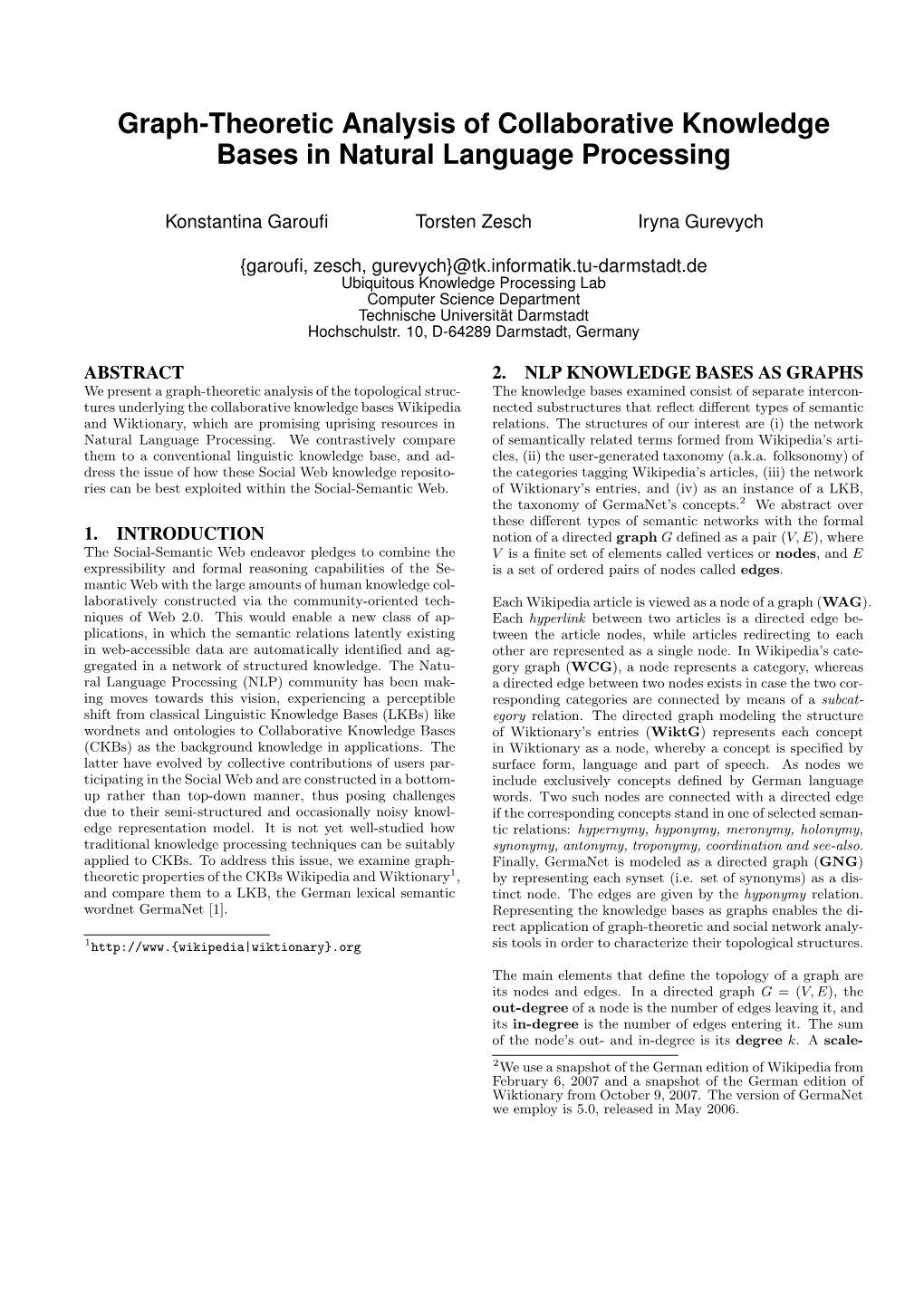 Graph-Theoretic Analysis of Collaborative Knowledge Bases in Natural Language Processing