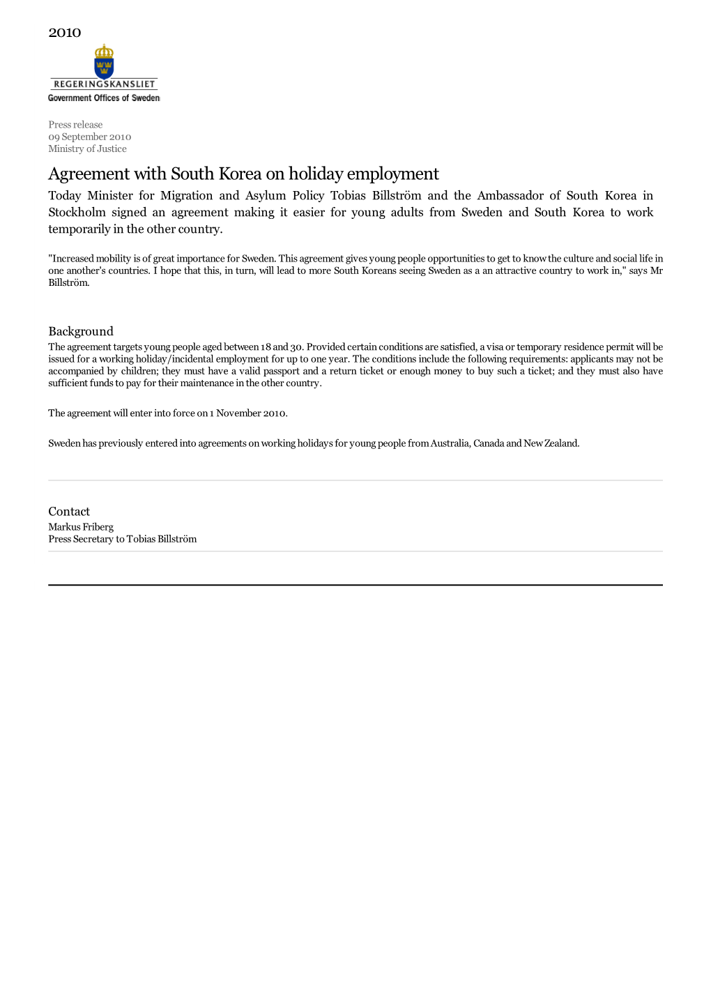 Agreement with South Korea on Holiday Employment