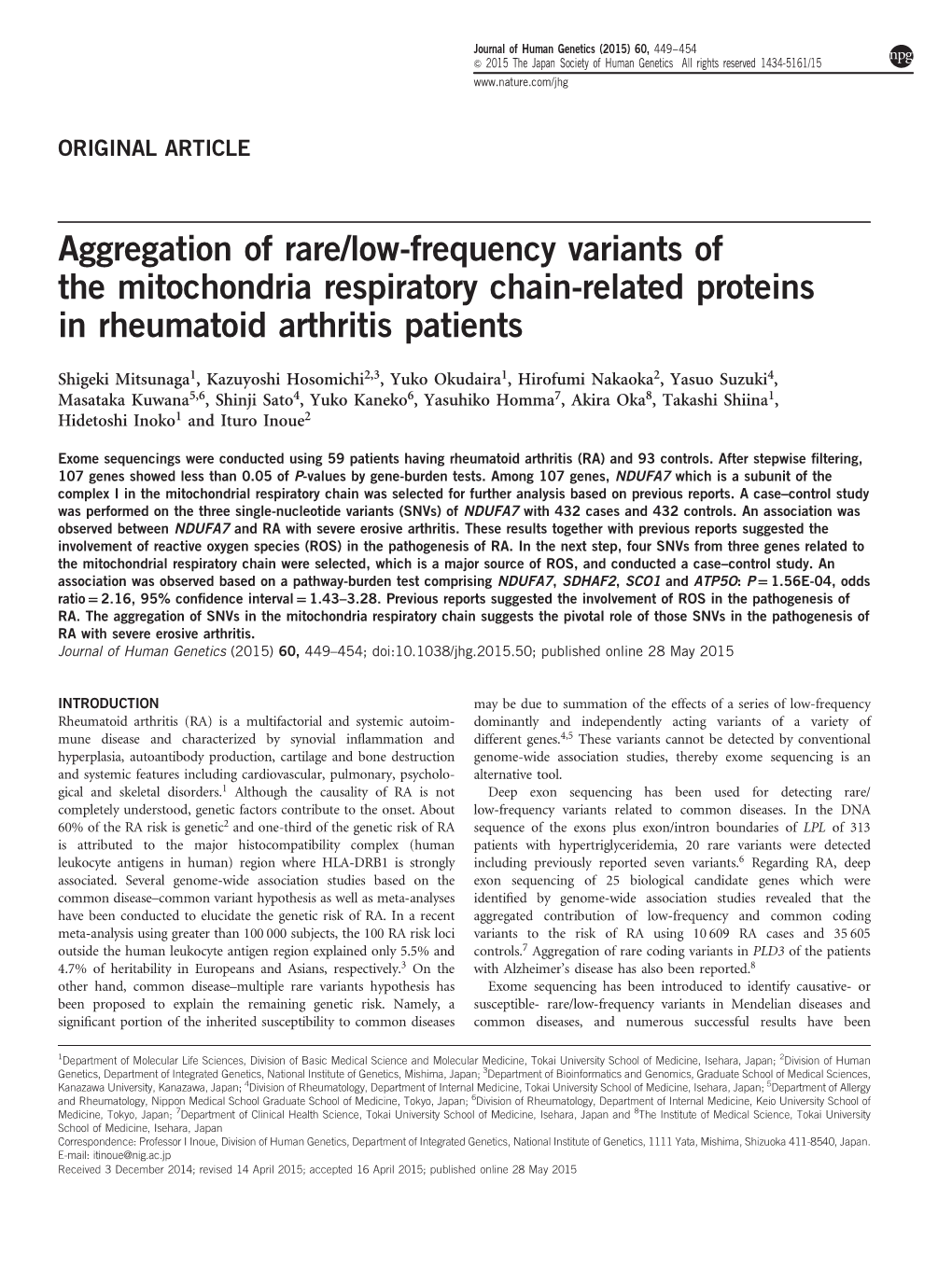 Low-Frequency Variants of the Mitochondria Respiratory Chain-Related Proteins in Rheumatoid Arthritis Patients