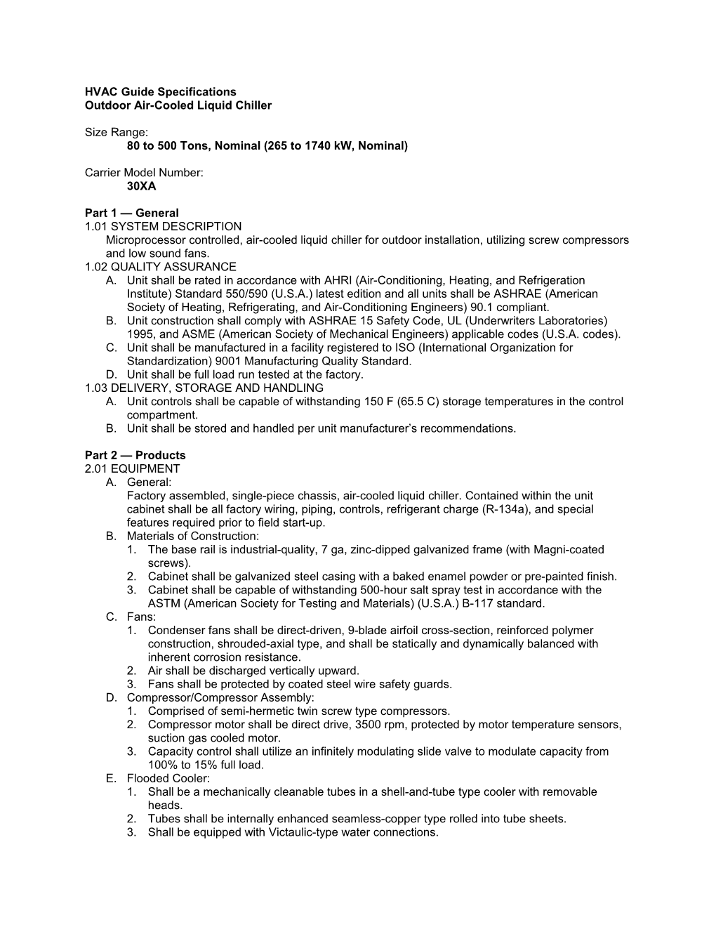 30XA Guide Specifications, 80 to 500 Nominal Tons (265 to 1740 Nominal Kw)