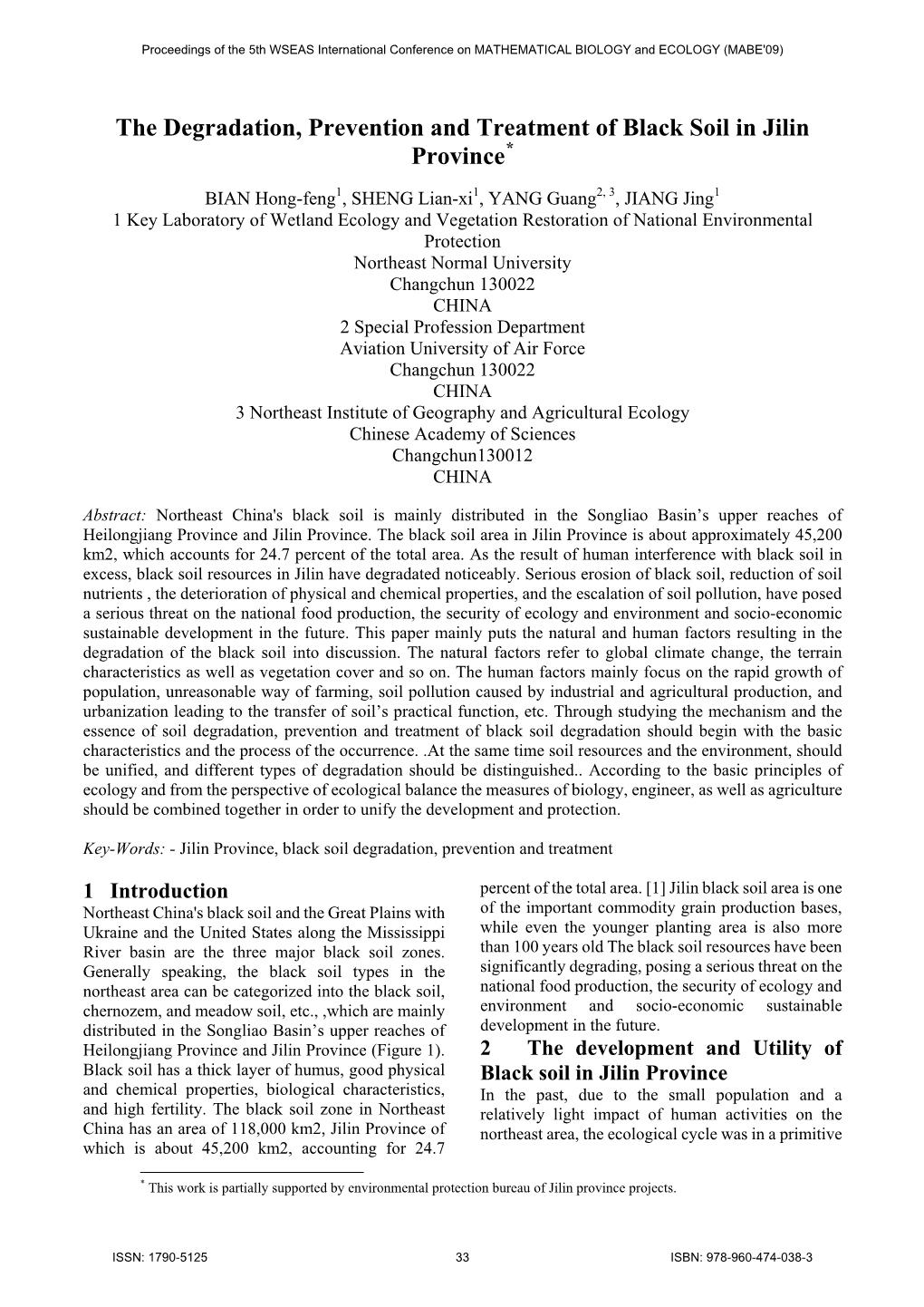 The Degradation, Prevention and Treatment of Black Soil in Jilin Province*