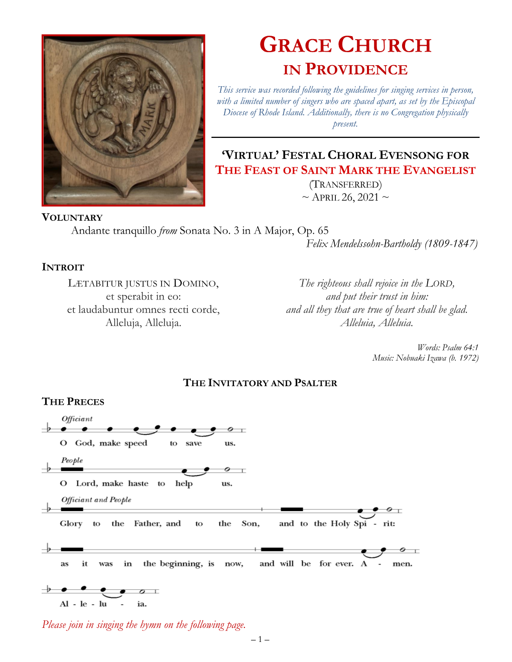 The Order of Service for the Feast of Saint Mark