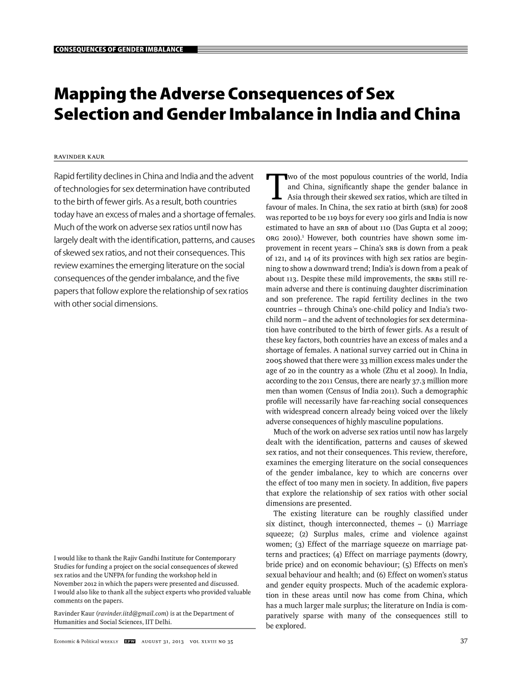 Mapping the Adverse Consequences of Sex Selection and Gender Imbalance in India and China