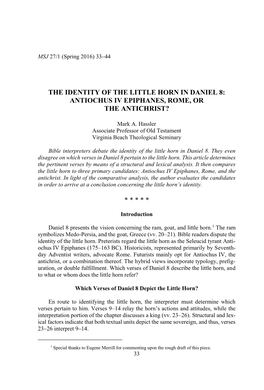 The Identity of the Little Horn in Daniel 8: Antiochus Iv Epiphanes, Rome, Or the Antichrist?